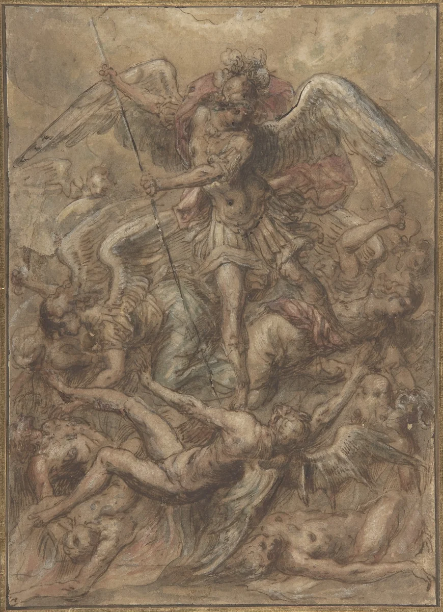 Saint Michael Expelling the Fallen Angels by anonymous, drawing, 1500-1600
