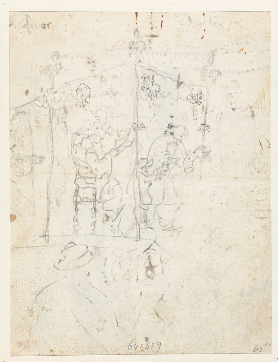 Schets van personen in een hutje by Wouter Schouten, drawing, 1660