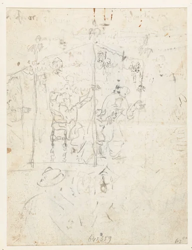 Schets van personen in een hutje by Wouter Schouten, drawing, 1660