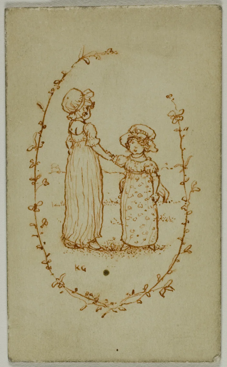 Vignette of Two Girls (recto); Athena (verso) by Kate Greenaway, drawing, 1866-1901