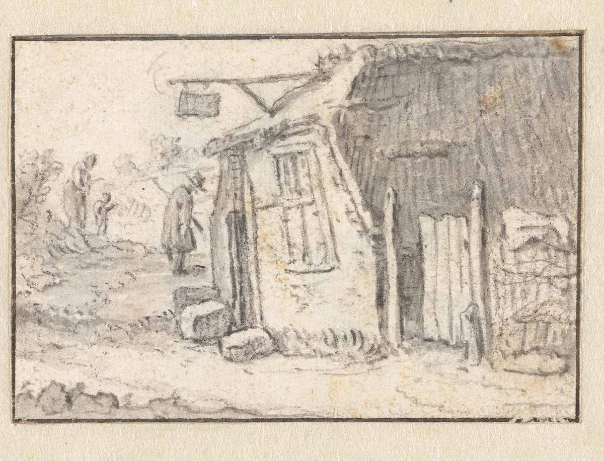 Bouwvallig huis met uithangbord by Herman Saftleven, drawing, 1619-1685