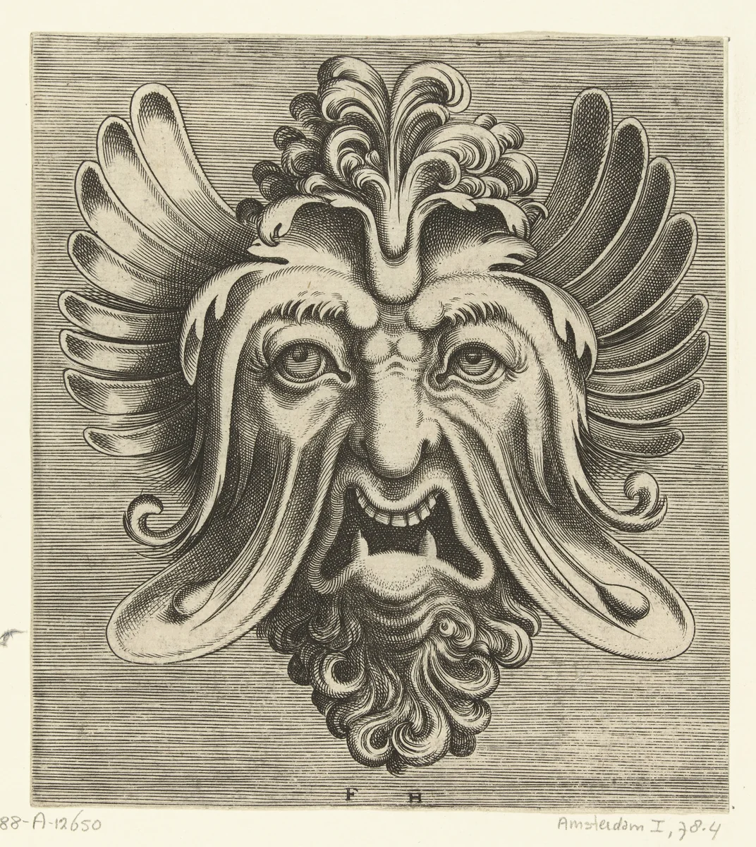 Masker met uitgezakte wangen, twee spitse ondertanden en een toef krullen rustend op de neuswortel by Unknown, print, 1555
