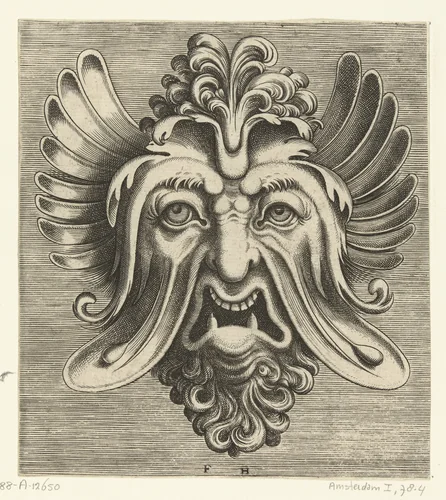 Masker met uitgezakte wangen, twee spitse ondertanden en een toef krullen rustend op de neuswortel by Unknown, print, 1555