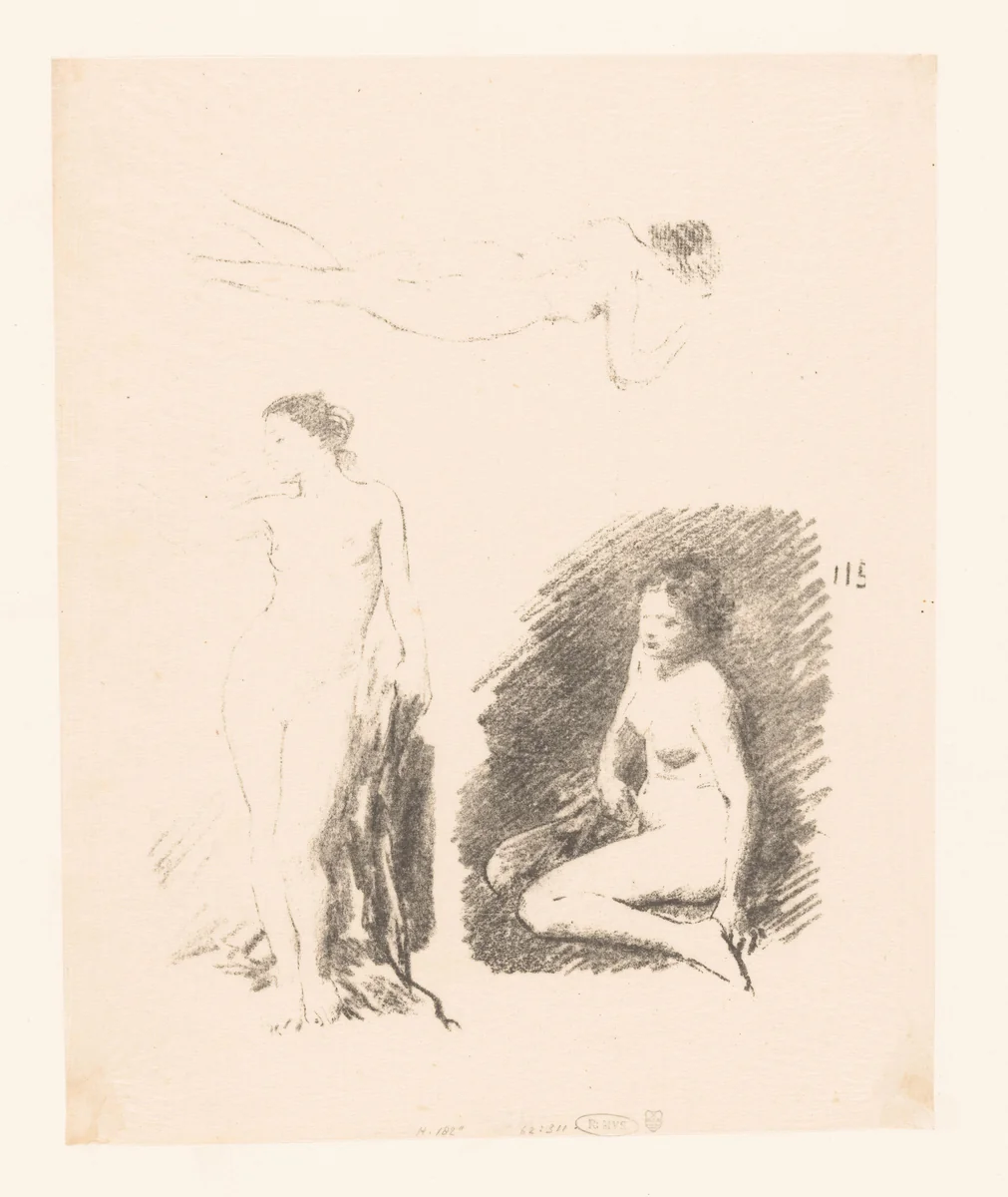 Studieblad met drie naakte vrouwen by Henri Fantin-Latour, print, 1903-1904