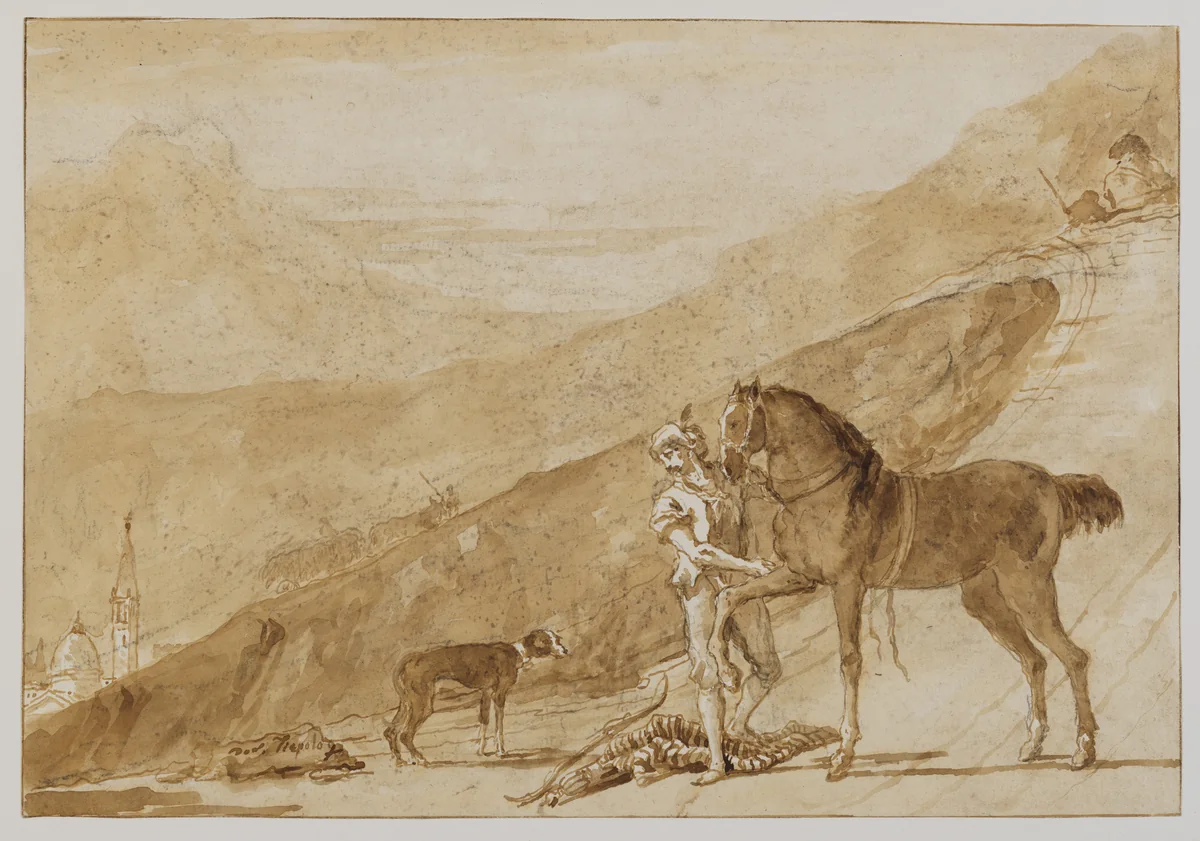 Landscape with a Horse Held by a Page by Giovanni Domenico Tiepolo, drawing, 1770-1804