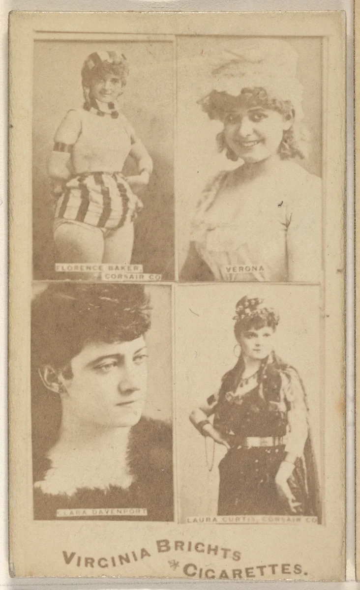 Florence Baker, Corsair Co./ Verona/ Clara Davenport/ Laura Curtis, Corsair Co., from the Actors and Actresses series (N45, Type 4) for Virginia Brights Cigarettes by Allen & Ginter, photograph, 1885-1891