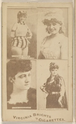 Florence Baker, Corsair Co./ Verona/ Clara Davenport/ Laura Curtis, Corsair Co., from the Actors and Actresses series (N45, Type 4) for Virginia Brights Cigarettes by Allen & Ginter, photograph, 1885-1891