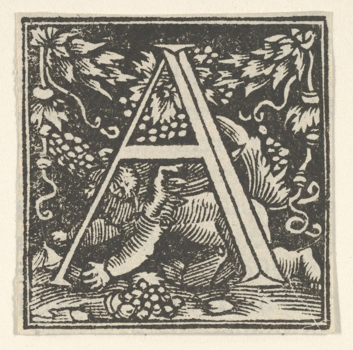 Initial letter A with putto by Heinrich Vogtherr, print, 1533-1540