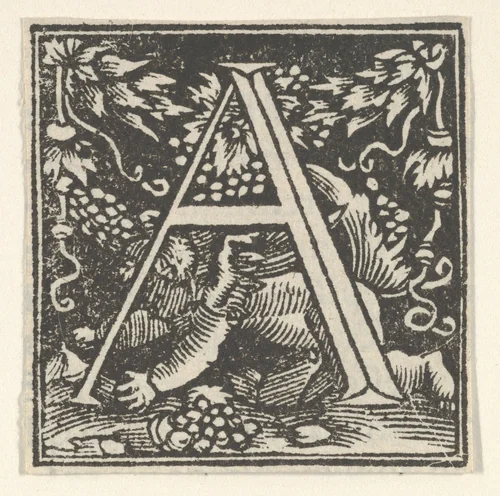 Initial letter A with putto by Heinrich Vogtherr, print, 1533-1540