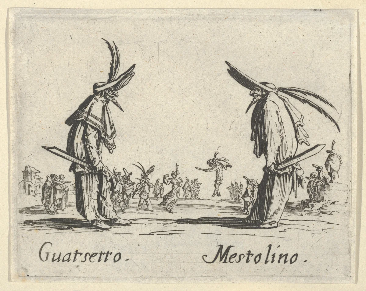 Guarserro - Mestolino, from "Balli di Sfessania" (Dance of Sfessania) by Jacques Callot, print, 1622