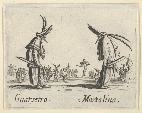 Guarserro - Mestolino, from "Balli di Sfessania" (Dance of Sfessania) by Jacques Callot, print, 1622