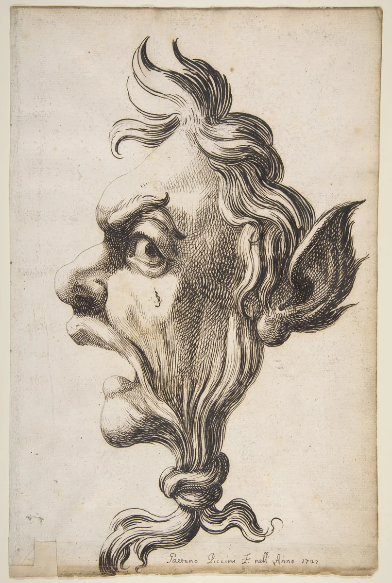 Large Grotesque Head Being Strangled by its Own Hair by Gaetano Piccini, drawing, 1727