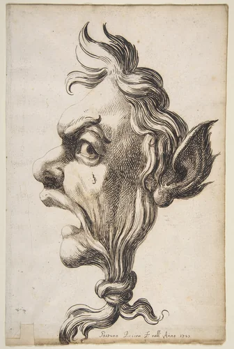 Large Grotesque Head Being Strangled by its Own Hair by Gaetano Piccini, drawing, 1727