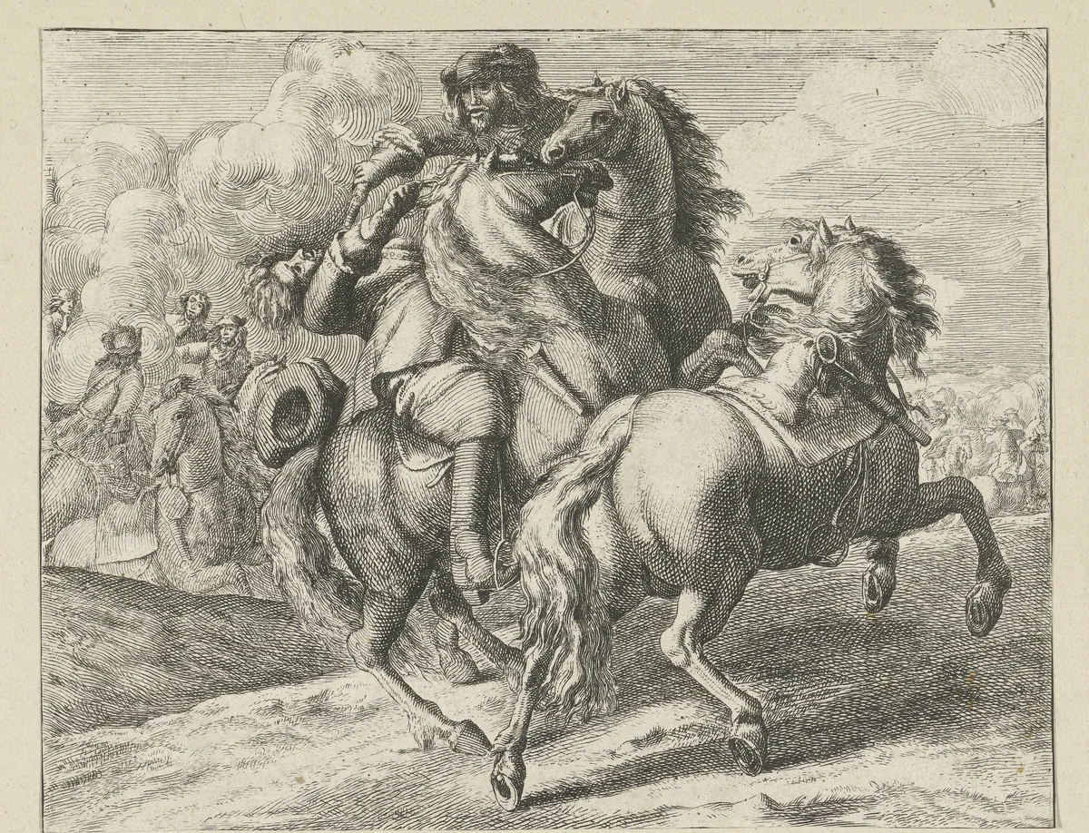 Militair te paard neergeschoten by anonymous, print, 1674-1783