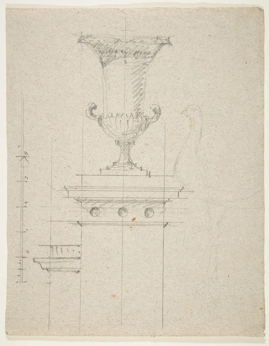 Design for an urn (verso); Designs for two urns (recto) by anonymous, drawing, 1800-1899