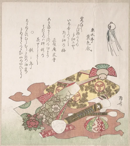 Brushes and Paper Ornaments by Ryūryūkyo Shinsai (柳々居辰斎), print, 1800-1899