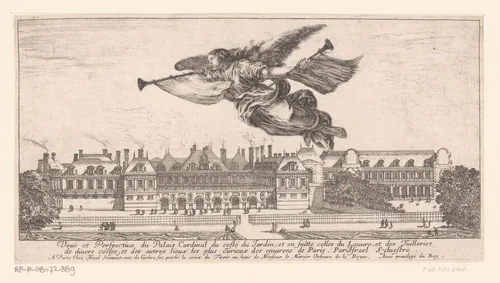 Titelprent met vliegende Fama boven het Palais-Royal by Stefano della Bella, print, 1647-1652