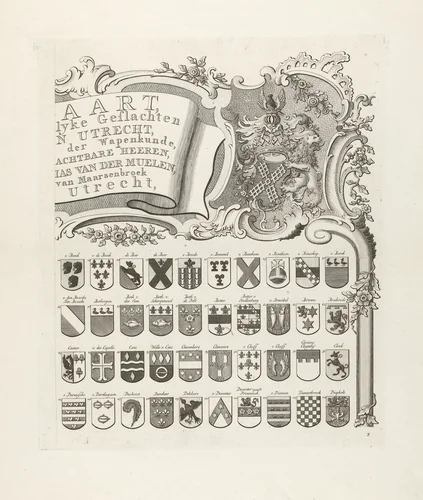 Wapenkaart van oude geslachten van Utrecht, blad rechtsboven by Johannes van Hiltrop, print, 1769