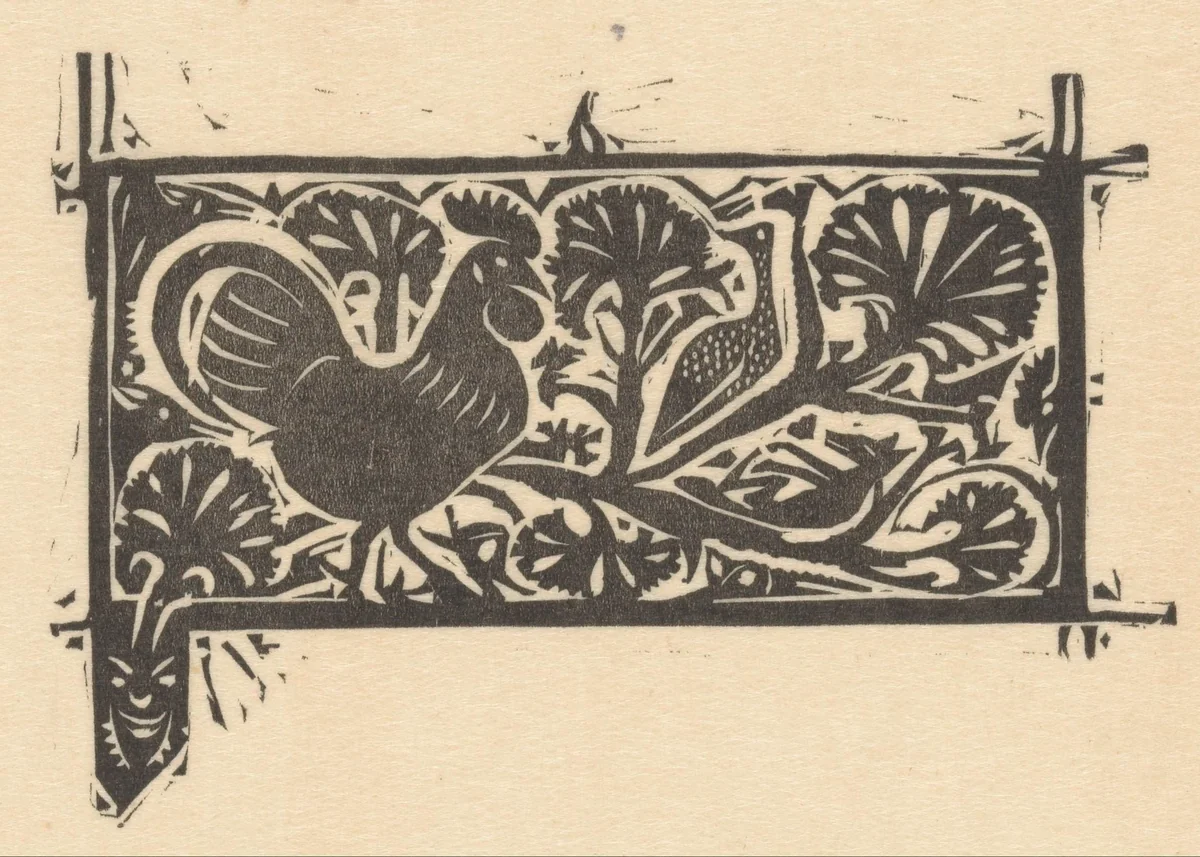 Titelhoofd met een haan en dieren verborgen in struiken by Gerrit Willem Dijsselhof, print, 1893