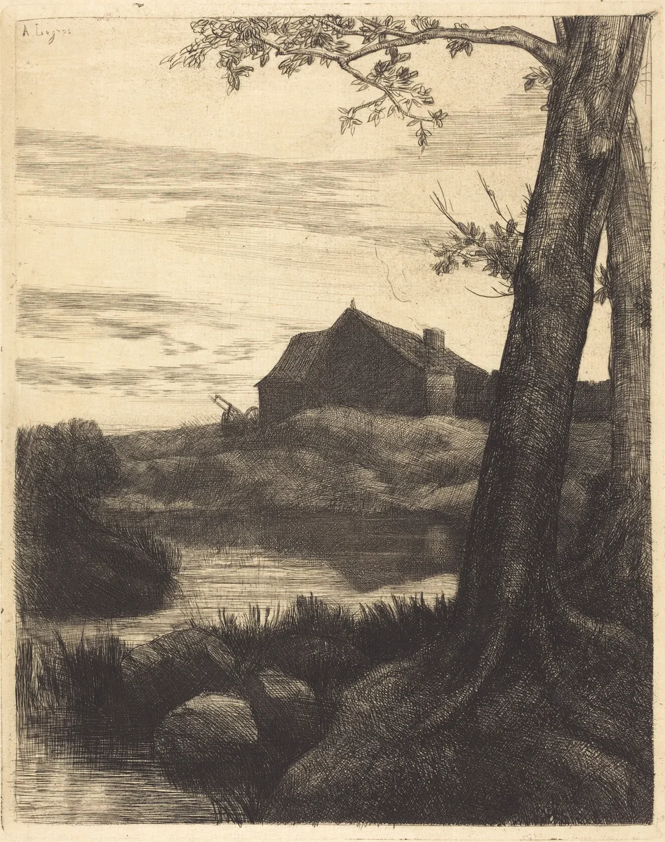 Farm with Large Tree (La ferme au grand arbre) by Alphonse Legros, print, 1837-1911