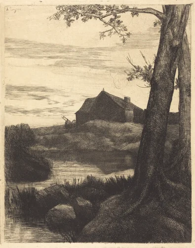 Farm with Large Tree (La ferme au grand arbre) by Alphonse Legros, print, 1837-1911