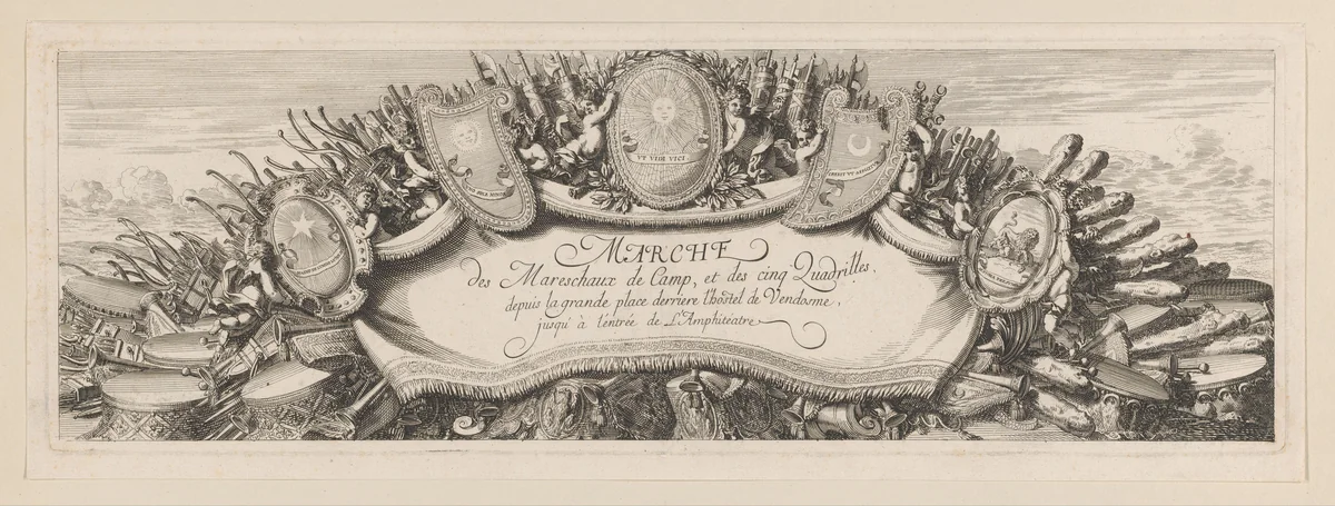 Draperie omringd door wapenschilden en oorlogsattributen by Israël Silvestre, print, 1662