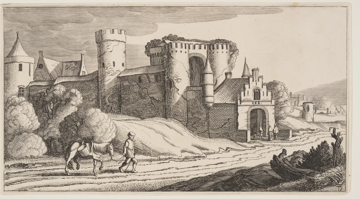 A Peasant with a Horse on a Road Near City Walls, from Landscapes (Playsante Lantschappen) by Claes Jansz. Visscher II, print, 1641
