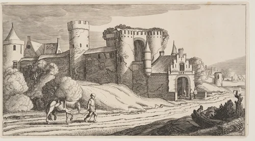 A Peasant with a Horse on a Road Near City Walls, from Landscapes (Playsante Lantschappen) by Claes Jansz. Visscher II, print, 1641