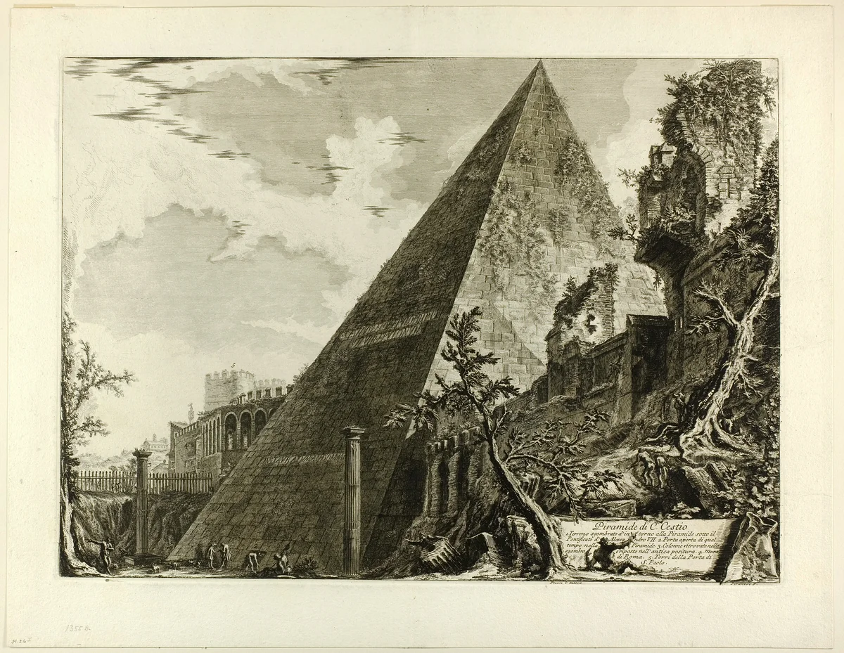 The Pyramid of Gaius Cestius, from Views of Rome by Giovanni Battista Piranesi, print, 1750-1759