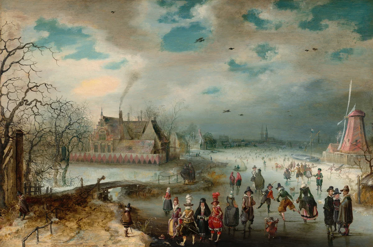 Skating on the Frozen Amstel River by Adam van Breen, painting, 1611