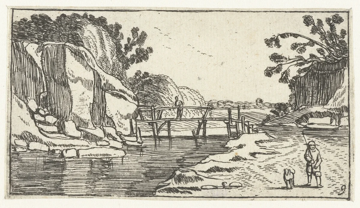 Rotslandschap met pad langs rivier by anonymous, print, 1610-1617