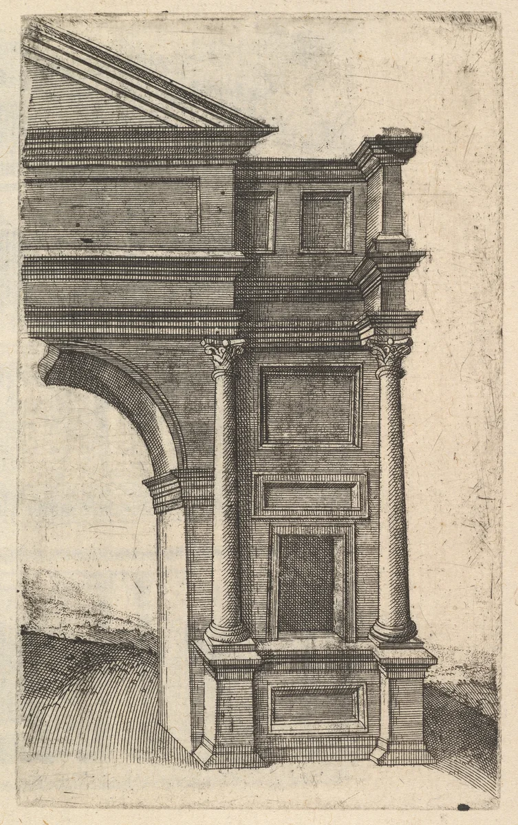 Half of an Arch [Porta Antonae] from the series 'Ruinarum variarum fabricarum delineationes pictoribus caeterisque id genus artificibus multum utiles' by Lambert Suavius, book, 1554