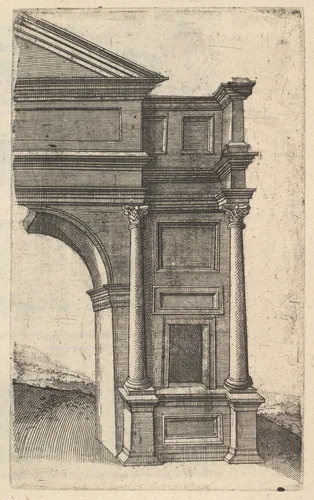Half of an Arch [Porta Antonae] from the series 'Ruinarum variarum fabricarum delineationes pictoribus caeterisque id genus artificibus multum utiles' by Lambert Suavius, book, 1554