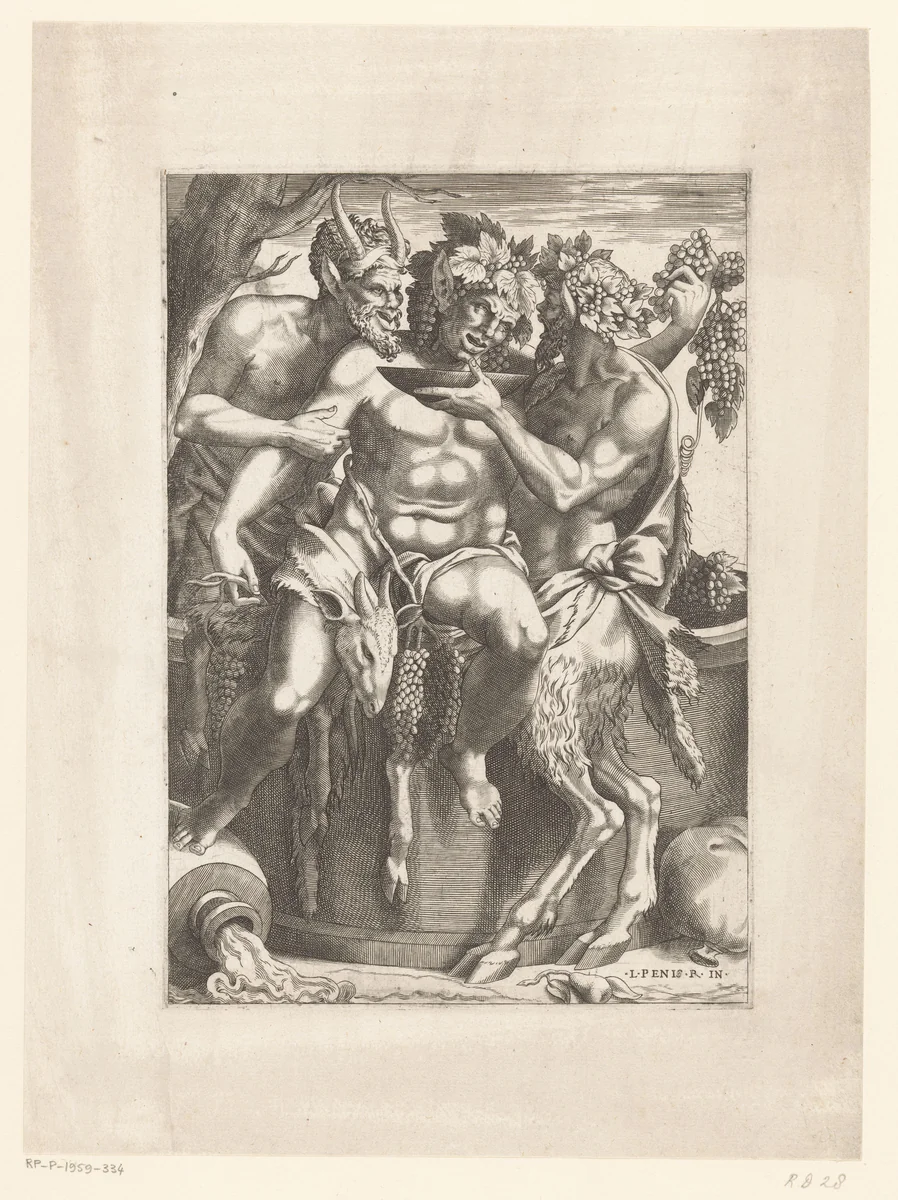 Bacchus en twee saters by Unknown, print, 1535-1598