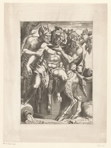 Bacchus en twee saters by Unknown, print, 1535-1598