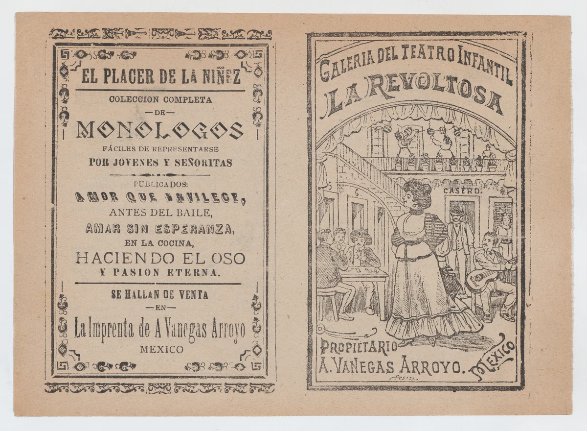 Cover for 'La Revoltosa', a woman standing in the middle of a saloon surrounded by people playing games and music by José Guadalupe Posada, print, 1885-1915