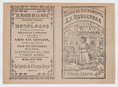 Cover for 'La Revoltosa', a woman standing in the middle of a saloon surrounded by people playing games and music by José Guadalupe Posada, print, 1885-1915