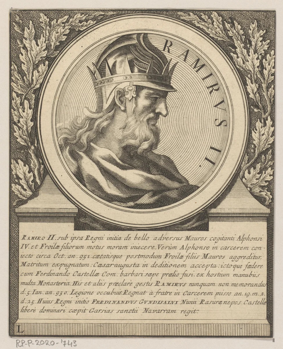 Portret van Ramiro II, koning van León by Jacques Blondeau, print, 1698