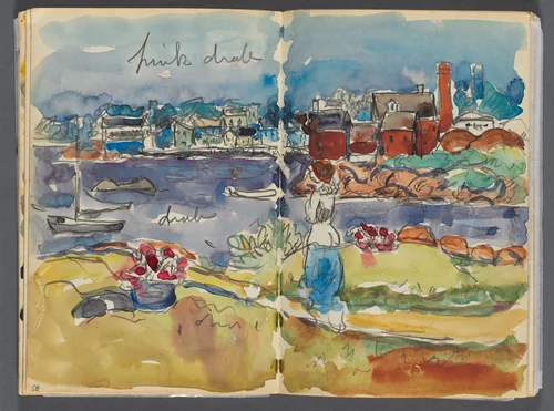 Sketchbook- The Granite Shore Hotel, Rockport, page 084 & 85: Harbor View with Color Notations by Maurice Prendergast, book, 1905-1910