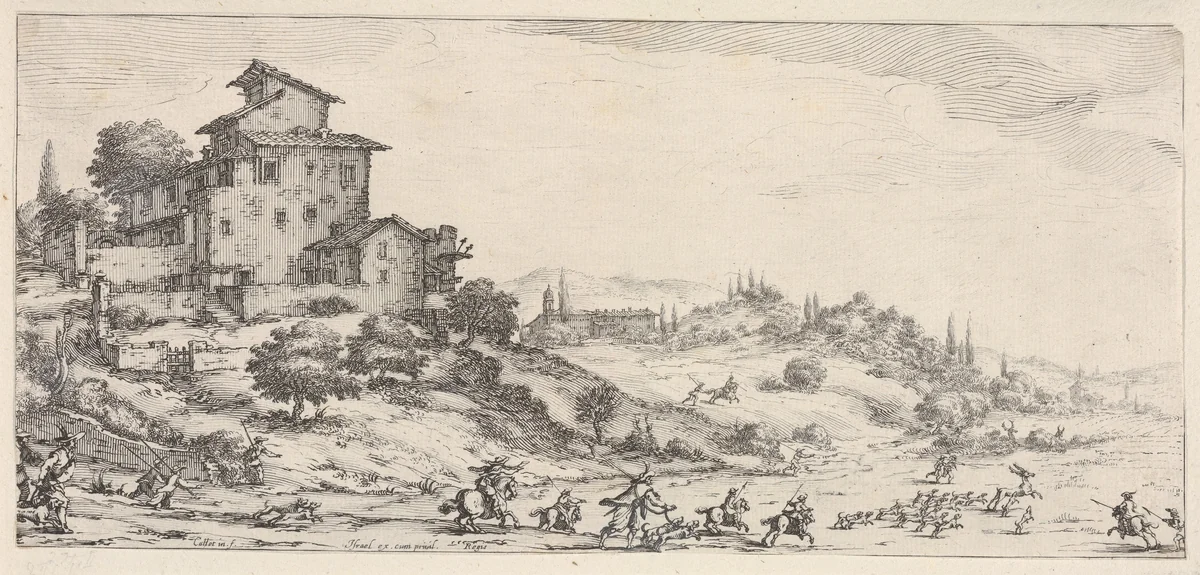Hunters on horses and on foot, with hounds pursuing a stag, and two buildings in a hilly landscape, from "Italian landscapes" (Diverse vedute designate in Fiorenza / Paysages italiens) by Jacques Callot, print, 1618-1635