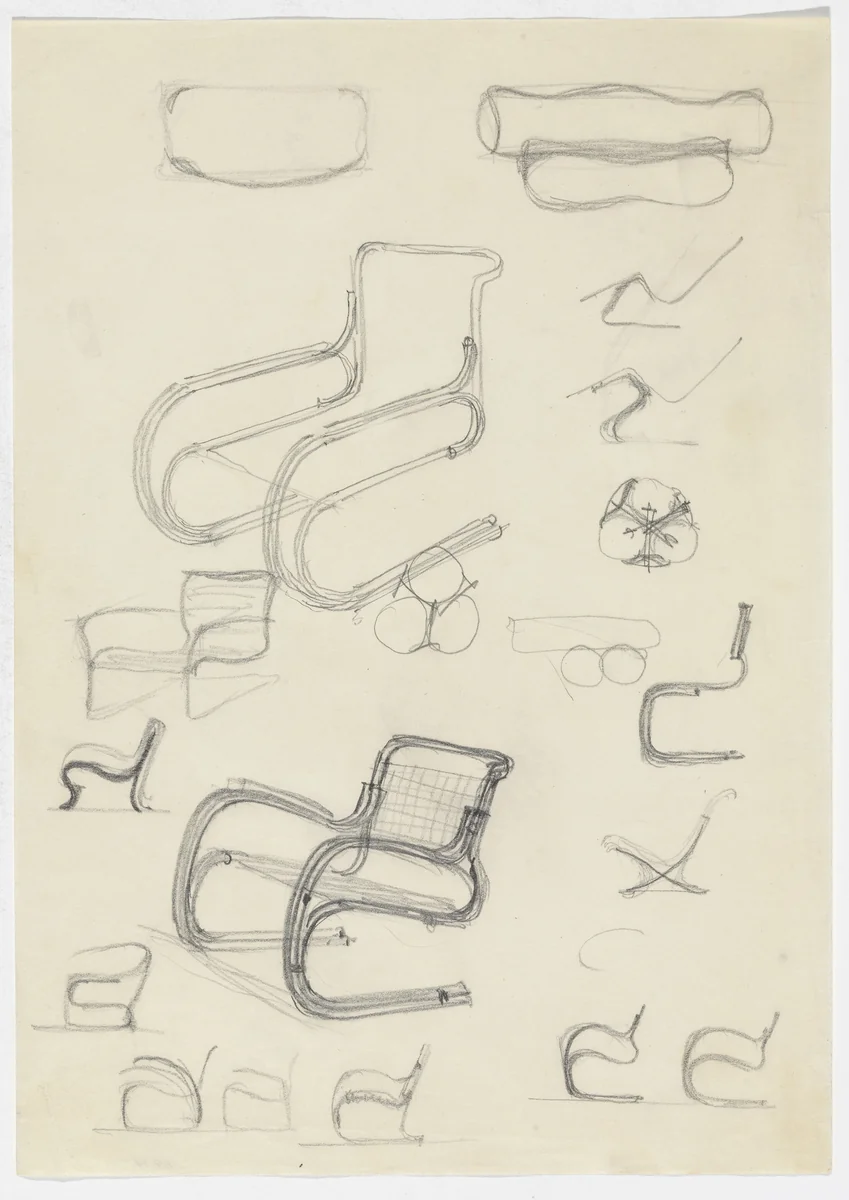 Lounge Chair with Arms. Lounge Chair without Arms. Reclining Chair without Arms., Perspective and elevation sketches by Ludwig Mies van der Rohe, mies van der rohe archive, 1926