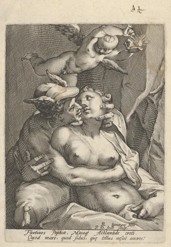 Mercury Embracing Venus by Pieter de Jode, print, 1588-1634