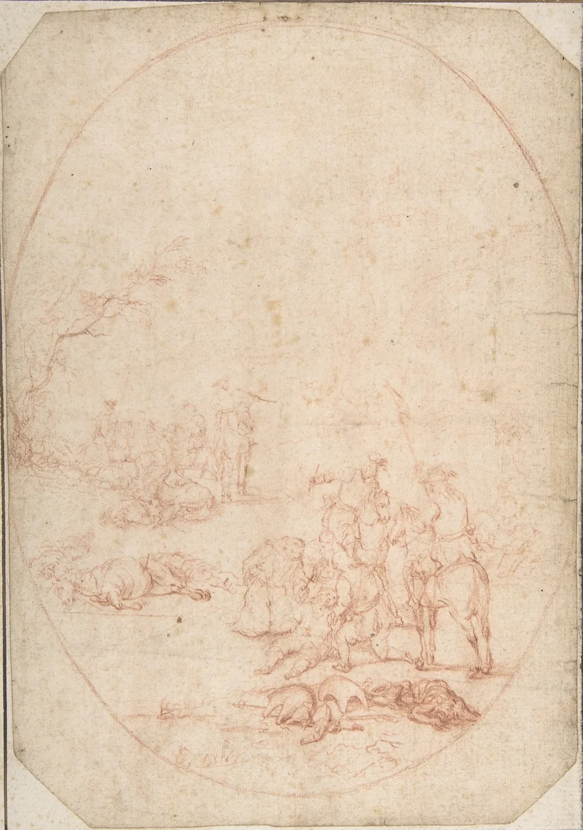 Landscape with Soldiers Helping the Wounded after a Battle by anonymous, drawing, 1600-1700