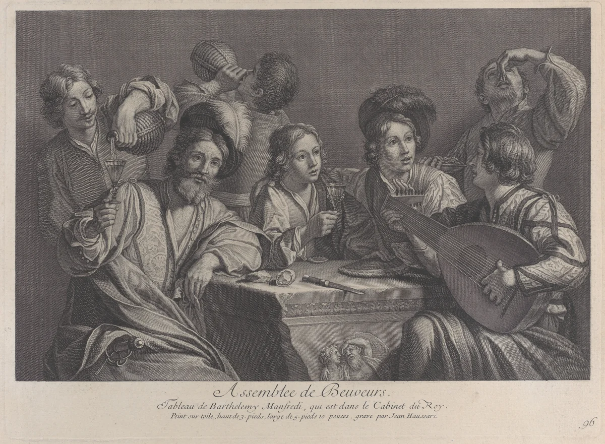 Seven men gathered around a table, drinking and listening to a lute player by Jean-Baptiste Haussard, print, 1724-1734