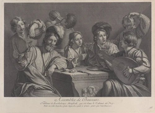 Seven men gathered around a table, drinking and listening to a lute player by Jean-Baptiste Haussard, print, 1724-1734