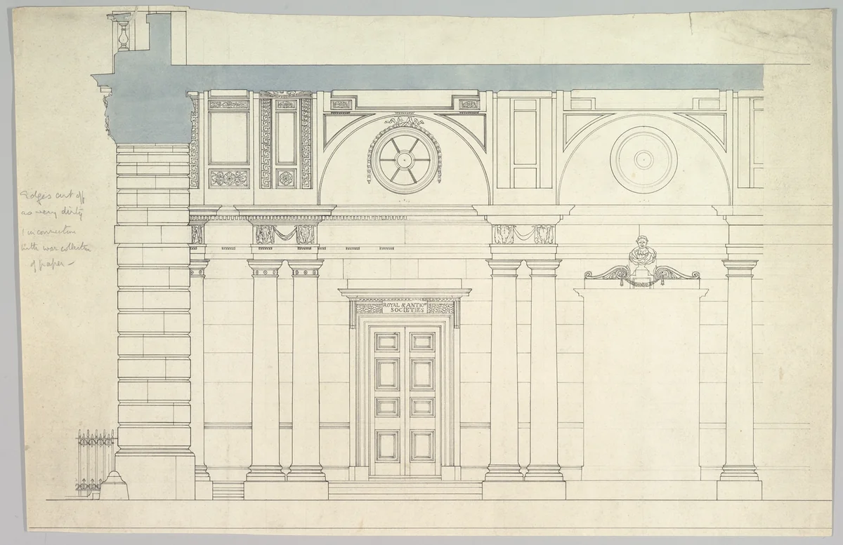 Somerset House, London: Interior Section with Paired Columns and Arched Ceiling by anonymous, drawing, 1800-1900