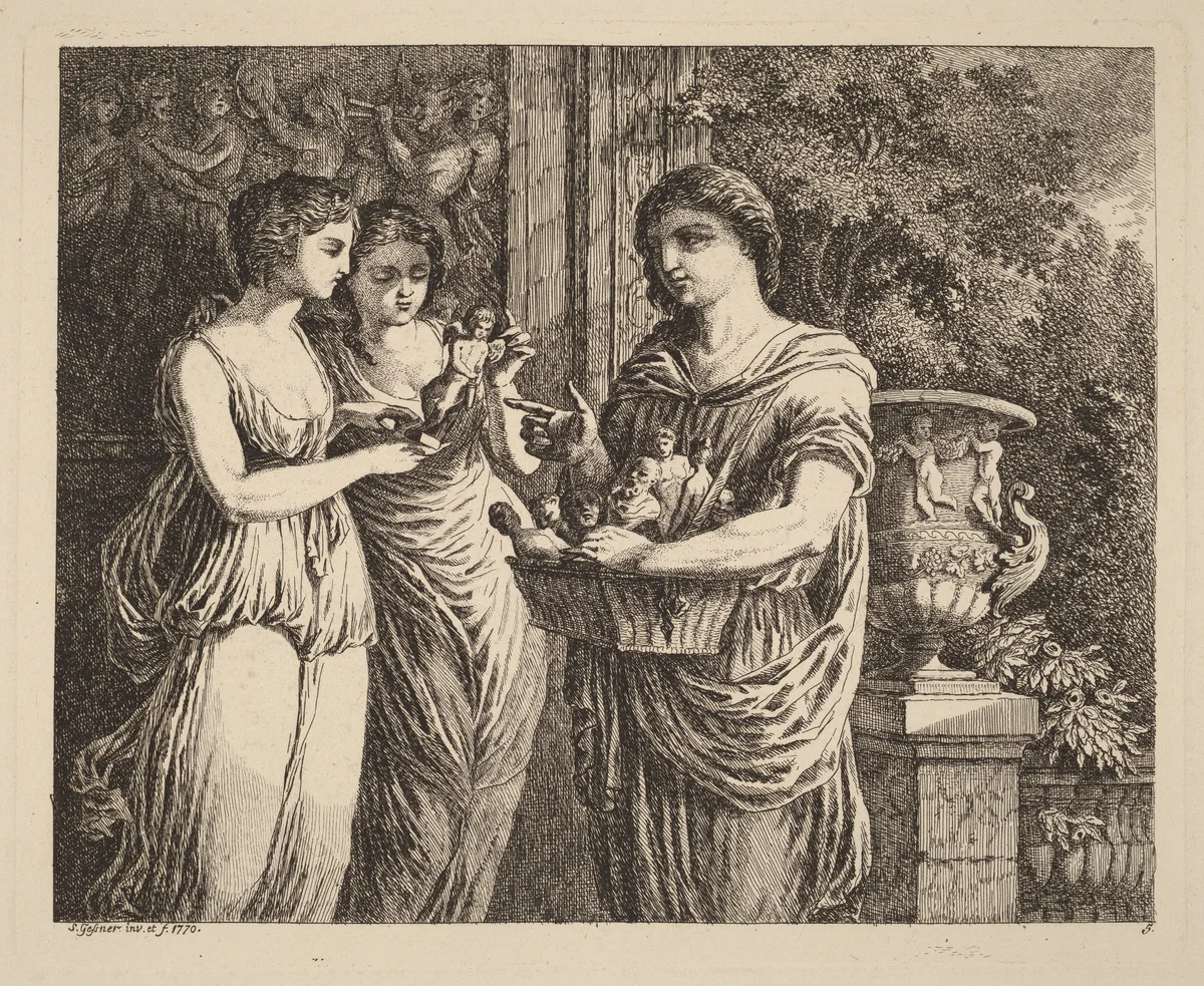 Figurine Seller with Two Girls by Salomon Gessner, print, 1770