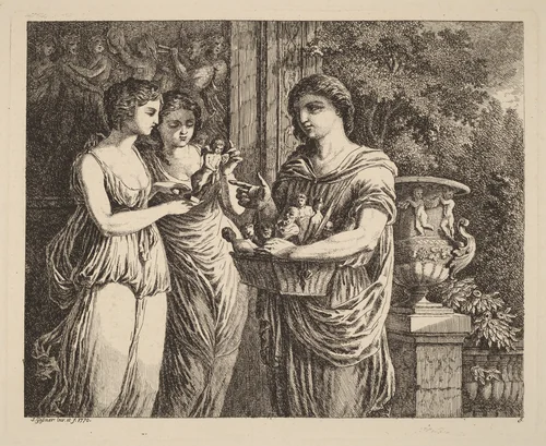 Figurine Seller with Two Girls by Salomon Gessner, print, 1770