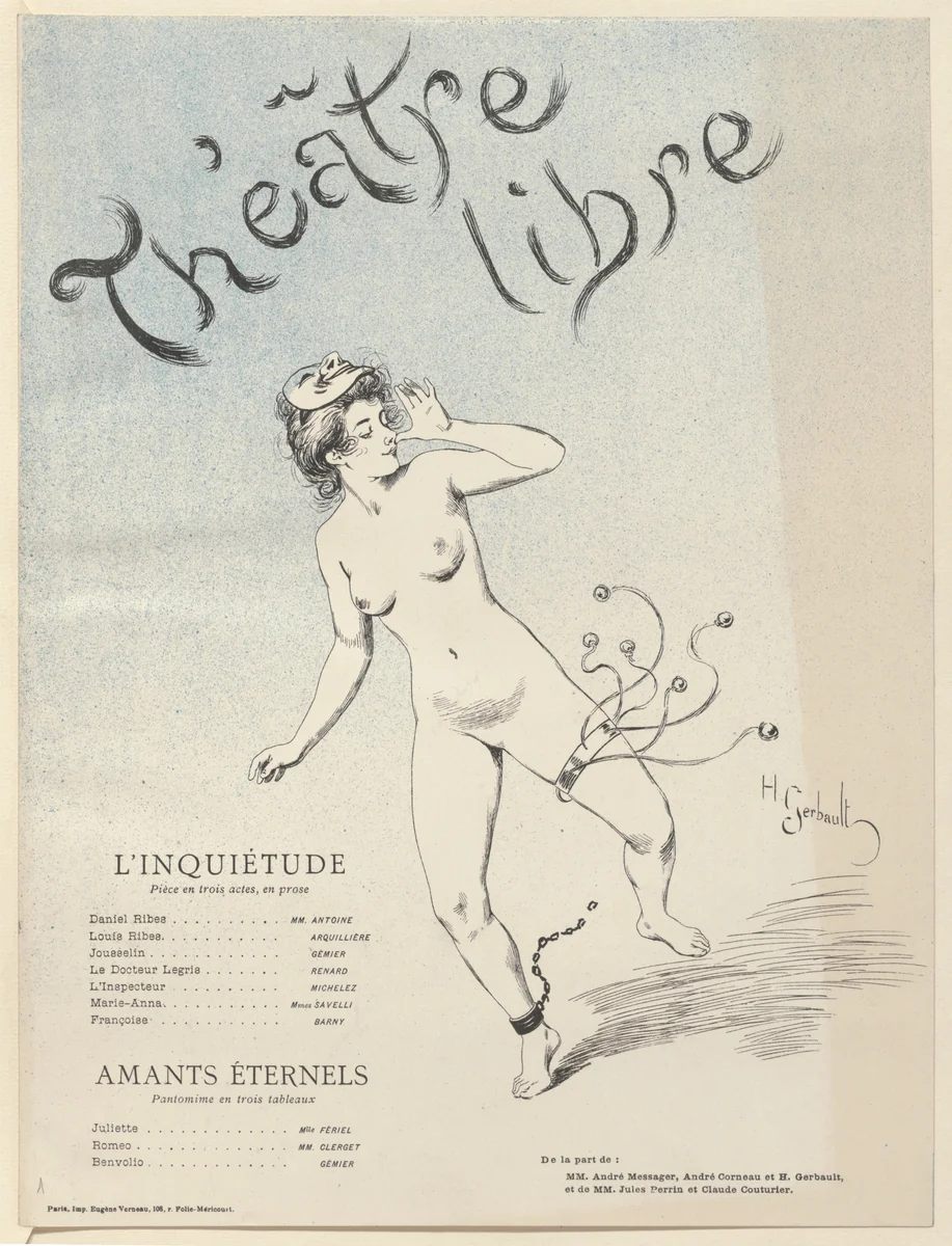 Program for Anxiety (L'Inquiétude) and Eternal lovers (Amants éternels) from The Beraldi Album of Theatre Programs by Henri Gerbault, print, 1893