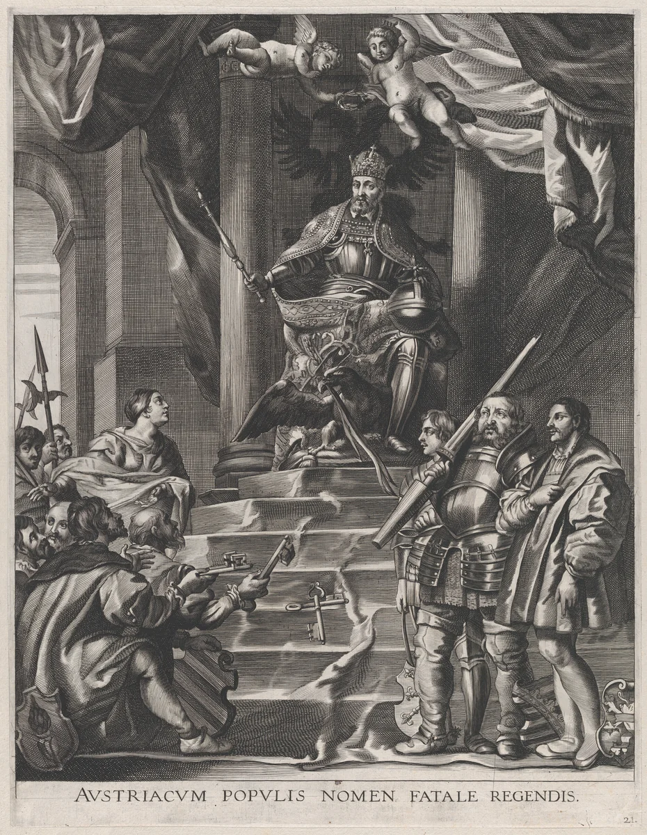 Plate 21: Emperor Charles V being offered the keys of Saxony and Hesse; from Guillielmus Becanus's 'Serenissimi Principis Ferdinandi, Hispaniarum Infantis...' by Anton van der Does, print, 1636